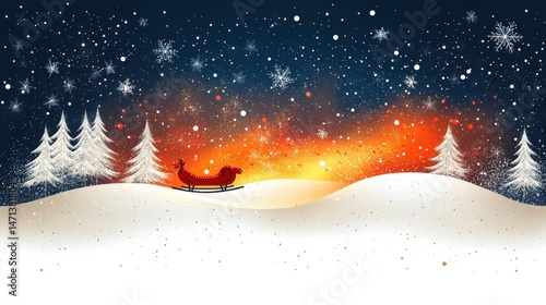 Winter scene with sleigh and snow covered landscape under night sky
