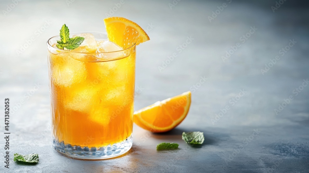 Fototapeta premium A refreshing glass of orange juice filled with ice, garnished with mint and an orange slice, sits on a textured gray surface, inviting a taste of summer's bliss.