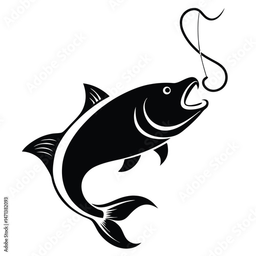Black and White Illustration of a Fish on a Hook