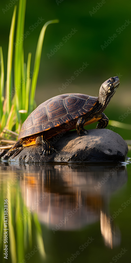 Obraz premium Sunbathing Turtle on a Serene Rock by Tranquil Waters