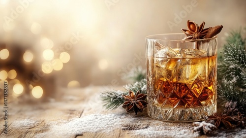 A festive old fashioned cocktail with ice, star anise, and pine needles rests on a snowy wood surface creating a cozy holiday or winter celebration scene.