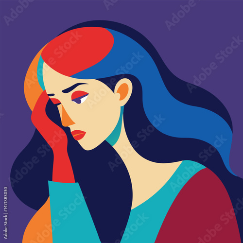 Abstract Portrait of a Sad Woman with Colorful Hair and Clothing