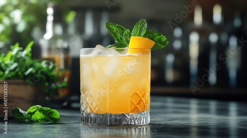 Refreshing whiskey smash cocktail with ice, orange peel, and mint garnish on a dark bar top creating a vibrant and inviting drink presentation for consumers.