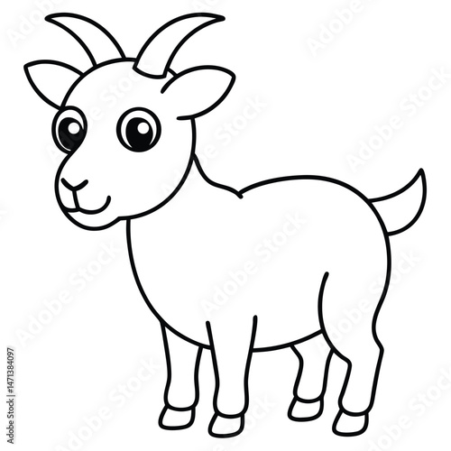 Cute Cartoon Goat Illustration Line Art Black and White