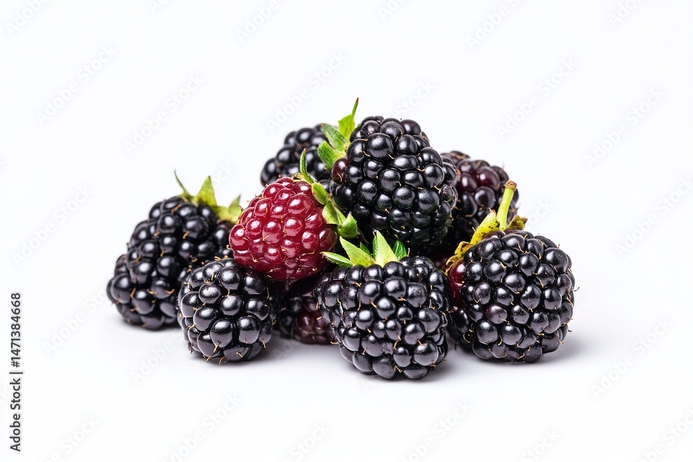 A fresh bunch of blackberries, their juicy texture and deep color emphasized against a plain white surface A fresh bunch of blackberries, their juicy texture and deep color emphasized against a plain white surface
