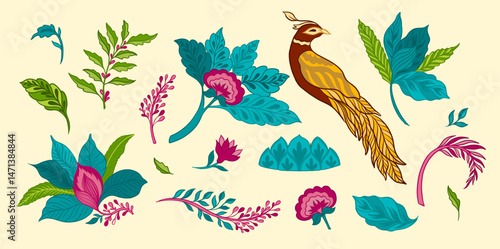 Vintage Mughal Floral Elements Set Traditional Indian Botanical Ornaments for Textile, Print, and Decor Design