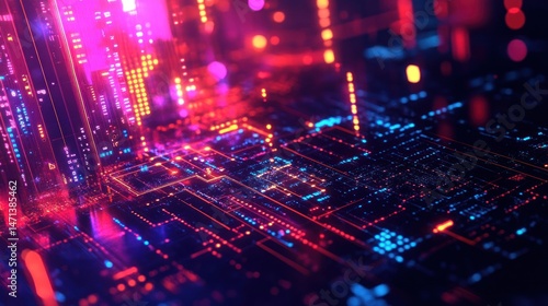 Abstract futuristic city, network of glowing lines and structures.