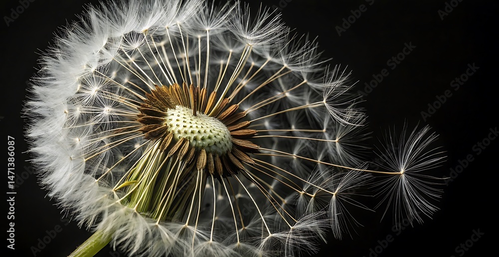 Fototapeta premium Closeup of a Dandelion Seed Head with Delicate White Seeds Against a Black Background