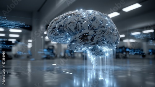 A futuristic digital brain formed from glowing circuits and data streams, surrounded by holographic interfaces and floating code in a sleek, high-tech environment. 