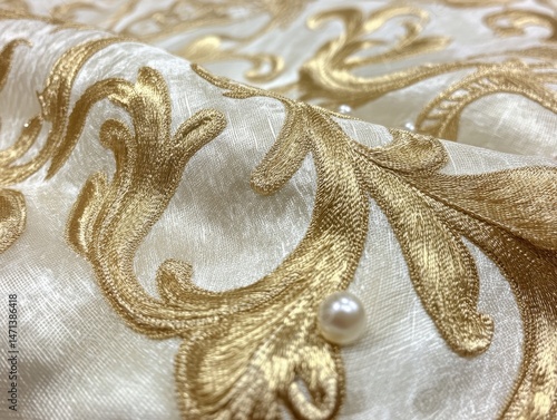 Versailles-style golden botanical motifs with pearl bead embellishments on brocade textile, opulent damask design for luxury wedding stationery and brand collateral