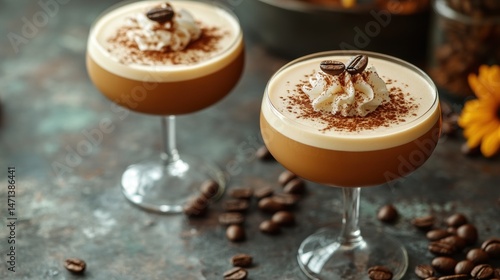Two espresso martini cocktails garnished with coffee beans and whipped cream sit on a textured surface surrounded by scattered coffee beans adding a touch of elegance.
