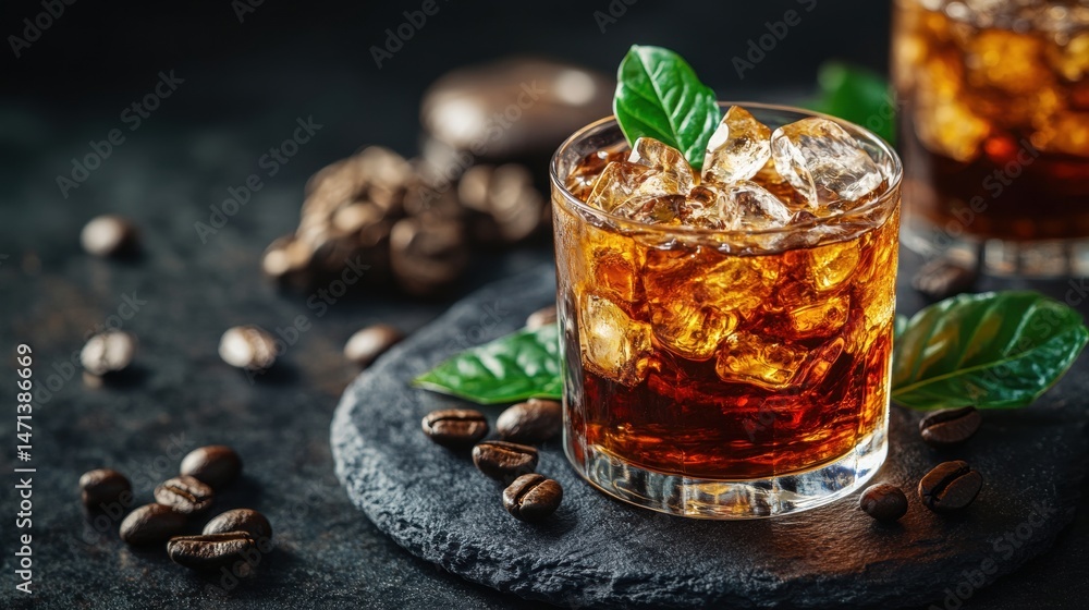 Fototapeta premium Iced coffee cocktail with ice cubes and green leaf garnish stands enticingly on a dark stone surface surrounded by scattered coffee beans in a moody setting.