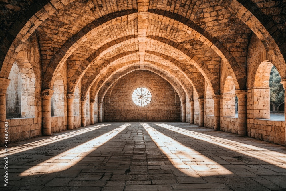 Ancient arched stone hall, sunlit interior Ancient arched stone hall, sunlit interior