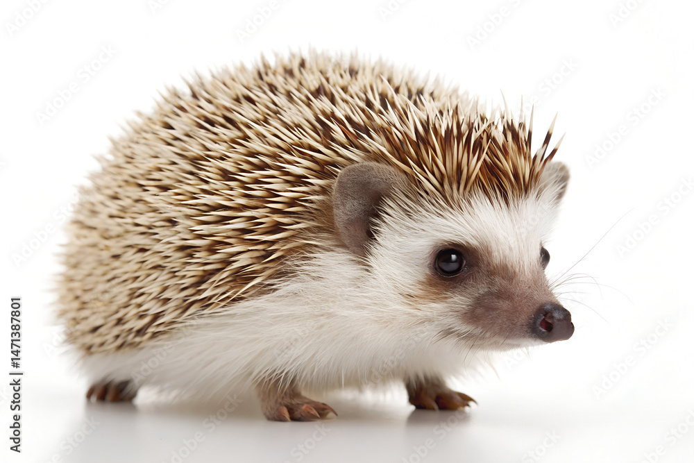 Obraz premium Cute african pygmy hedgehog portrait on bright clean white background studio, hedgehog, pygmy hedgehog, african pygmy hedgehog, cute animal, small animal, pet, exotic pet, adorable, spiky, spines