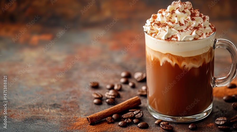 A glass mug filled with a mocha drink topped with whipped cream and cocoa powder sits beside coffee beans and a cinnamon stick on a textured surface. A glass mug filled with a mocha drink topped with whipped cream and cocoa powder sits beside coffee beans and a cinnamon stick on a textured surface.