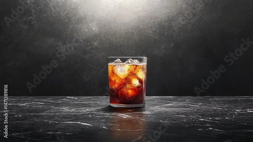 A refreshing dark cocktail with ice cubes is presented on a sleek black marble surface against a dimly lit, textured backdrop creating an inviting atmosphere.