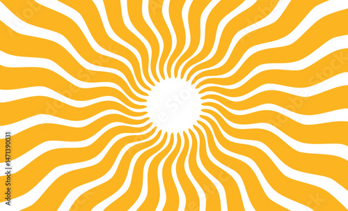Yellow sun rays background. Wavy rays in groovy style. Abstract sun burst poster. Psychedelic texture. 70s, 80s design. Radial wave lines. Vector illustration isolated on white background.