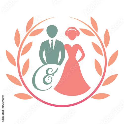 Elegant wedding logo design featuring stylish couple with floral accents and heart symbol in vector clipart format for celebration and event planning