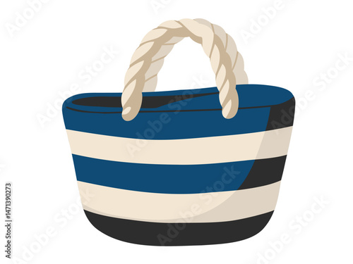 Cartoon summer striped beach bag with rope handles. Vector isolated illustration on white background