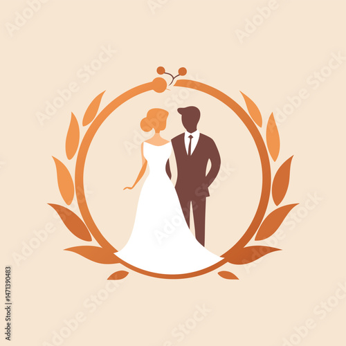 Elegant wedding logo design featuring stylish couple with floral accents and heart symbol in vector clipart format for celebration and event planning