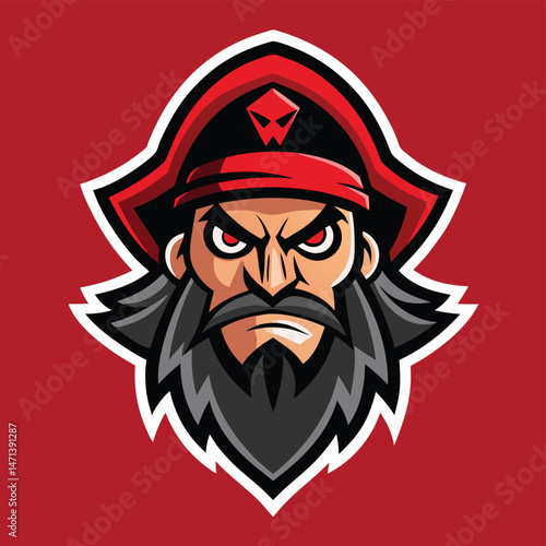Bold pirate mascot vector illustration featuring a fierce captain with a distinct cap and rebellious expression on a bright blue background