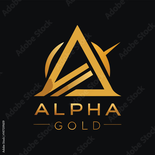 Vector illustration featuring a modern logo design with sharp angles and gold elements for a brand named Alpha Gold