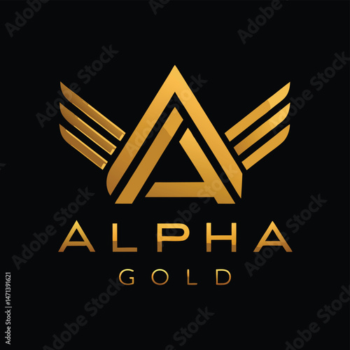 Vector illustration featuring a modern logo design with sharp angles and gold elements for a brand named Alpha Gold