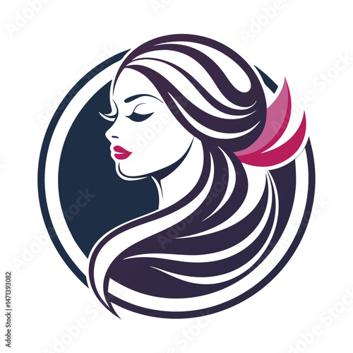 Vector illustration of a feminine logo design with stylized hair and lotus flowers, ideal for beauty and wellness branding purposes