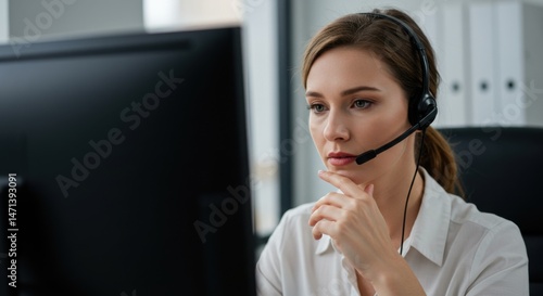Focused female customer service representative working at computer