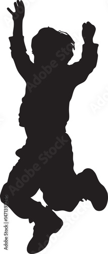 Jumping child silhouette on white background with playful energy