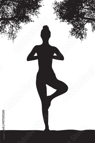 Yoga tree pose silhouette on white meditative background