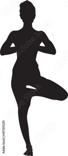 Yoga tree pose silhouette on white meditative background