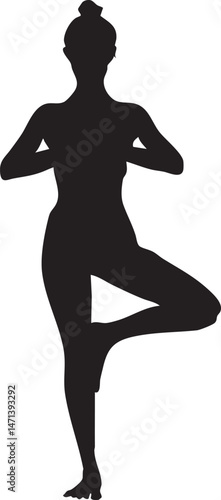 Yoga tree pose silhouette on white meditative background