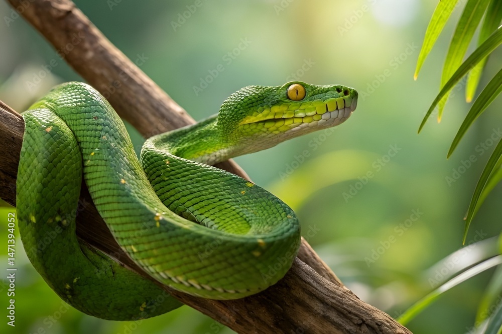 Fototapeta premium Vibrant Green Snake on Branch in Natural Forest Light – Wildlife Macro Photography