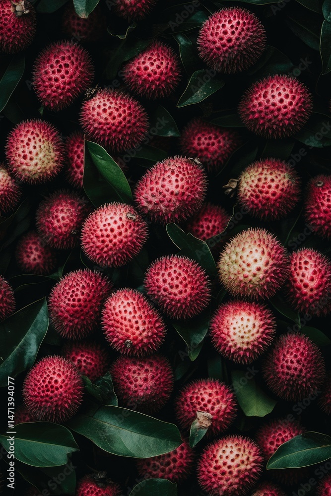 Close-up of numerous red, bumpy fruits nestled amongst dark green leaves Close-up of numerous red, bumpy fruits nestled amongst dark green leaves