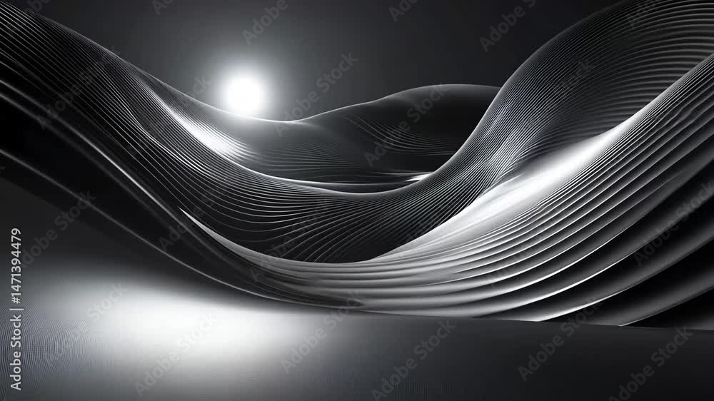 Abstract black and white landscape with undulating, ribbed, flowing forms and bright light source Abstract black and white landscape with undulating, ribbed, flowing forms and bright light source