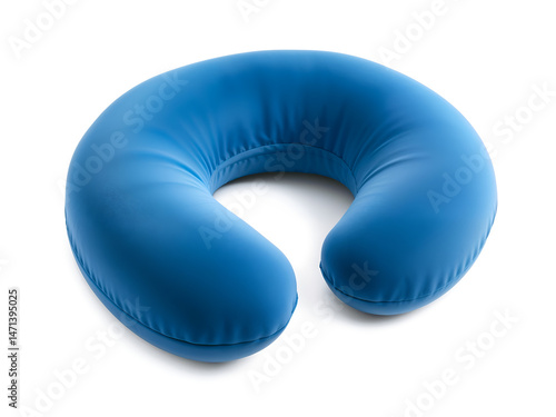 Soft and ergonomic blue travel neck pillow isolated on white background. Generative AI
