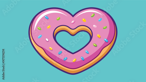 Heart-shaped donut with pink icing and colorful sprinkles on a blue background suitable for celebrations and sweet treats