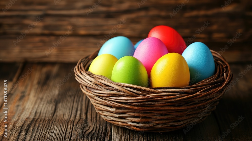 Naklejka premium Easter Egg in Basket with Wood Background