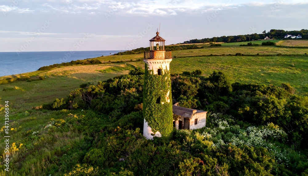 Fototapeta premium Overgrown Coastal Lighthouse at Sunset Aerial View