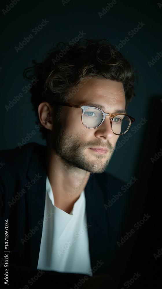 Obraz premium A man in a dark room is using a computer. He has on a suit and glasses.