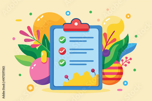 Colorful clipart illustration of a checklist on a clipboard surrounded by fruits and greenery depicting organization and productivity in a vibrant setting