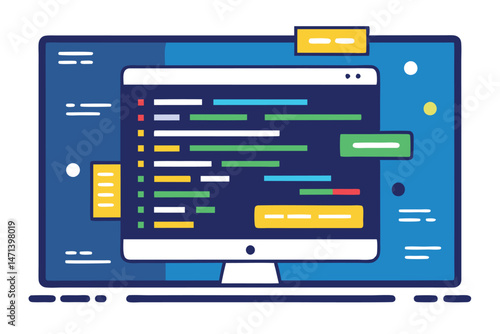 Vector illustration of a web browser displaying colorful code snippets on a dark background with abstract shapes and graphics