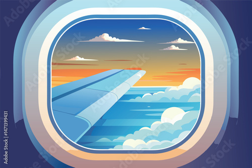 View of airplane wing against blue sky with clouds from passenger window during daytime flight over landscape