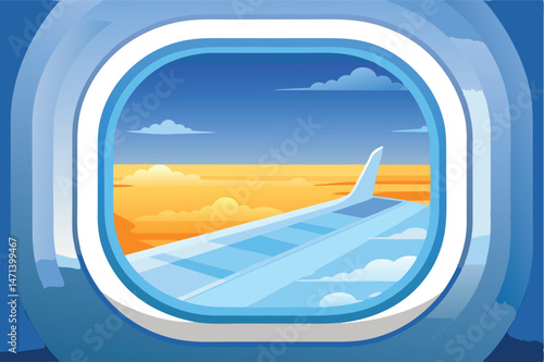 View of airplane wing against blue sky with clouds from passenger window during daytime flight over landscape