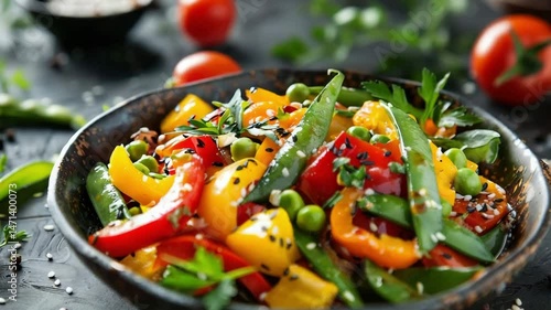 A vibrant and colorful vegetable salad featuring fresh peppers, green beans, and sesame seeds. Perfect for a healthy meal choice, this dish showcases nature's bounty.