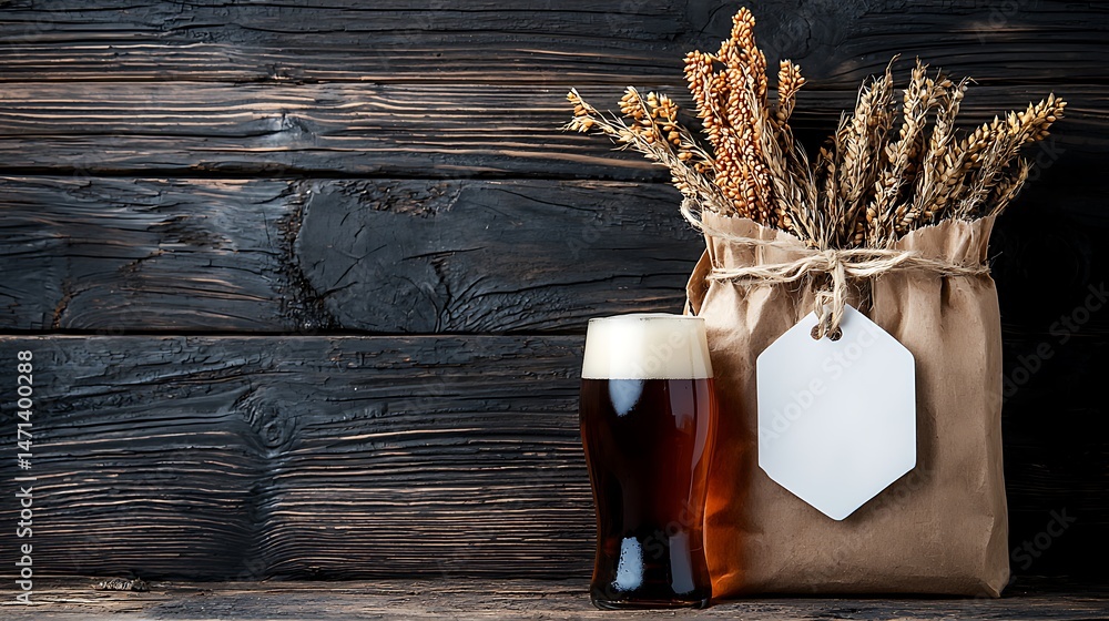 Obraz premium Dark Beer in Glass with Wheat on Rustic Wooden Background