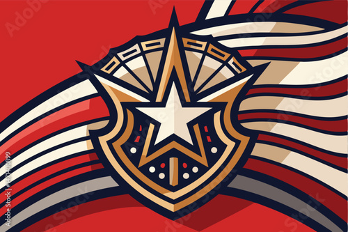 Vector logo design featuring a prominent shield and stylized elements in red and gold colors depicting strength and identity