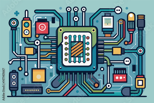 Colorful vector illustration of a circuit board design featuring various electronic components and connections used in technology and engineering representations