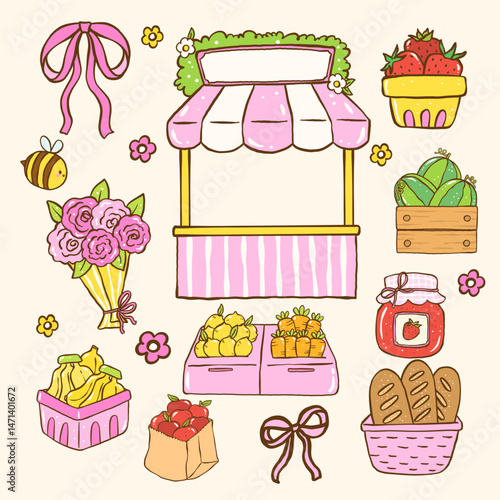 Cute Girly Farmers Market Stand and Fruit, Veggies & Floral Produce Doodle Hand Drawn Set